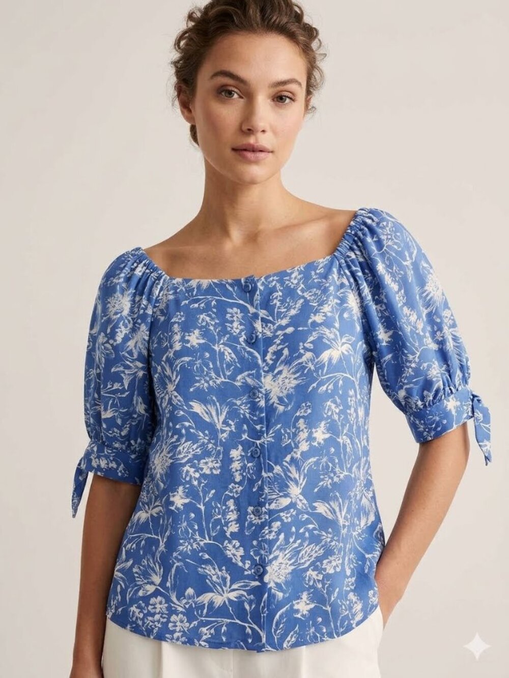 NWT Lauren Conrad blue & white puff sleeve top with ties, size S
